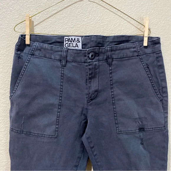 PAM & GELA Twill Skinny Cargo Pants Fray Hem Lace Up Back Size Large - Picture 3 of 7